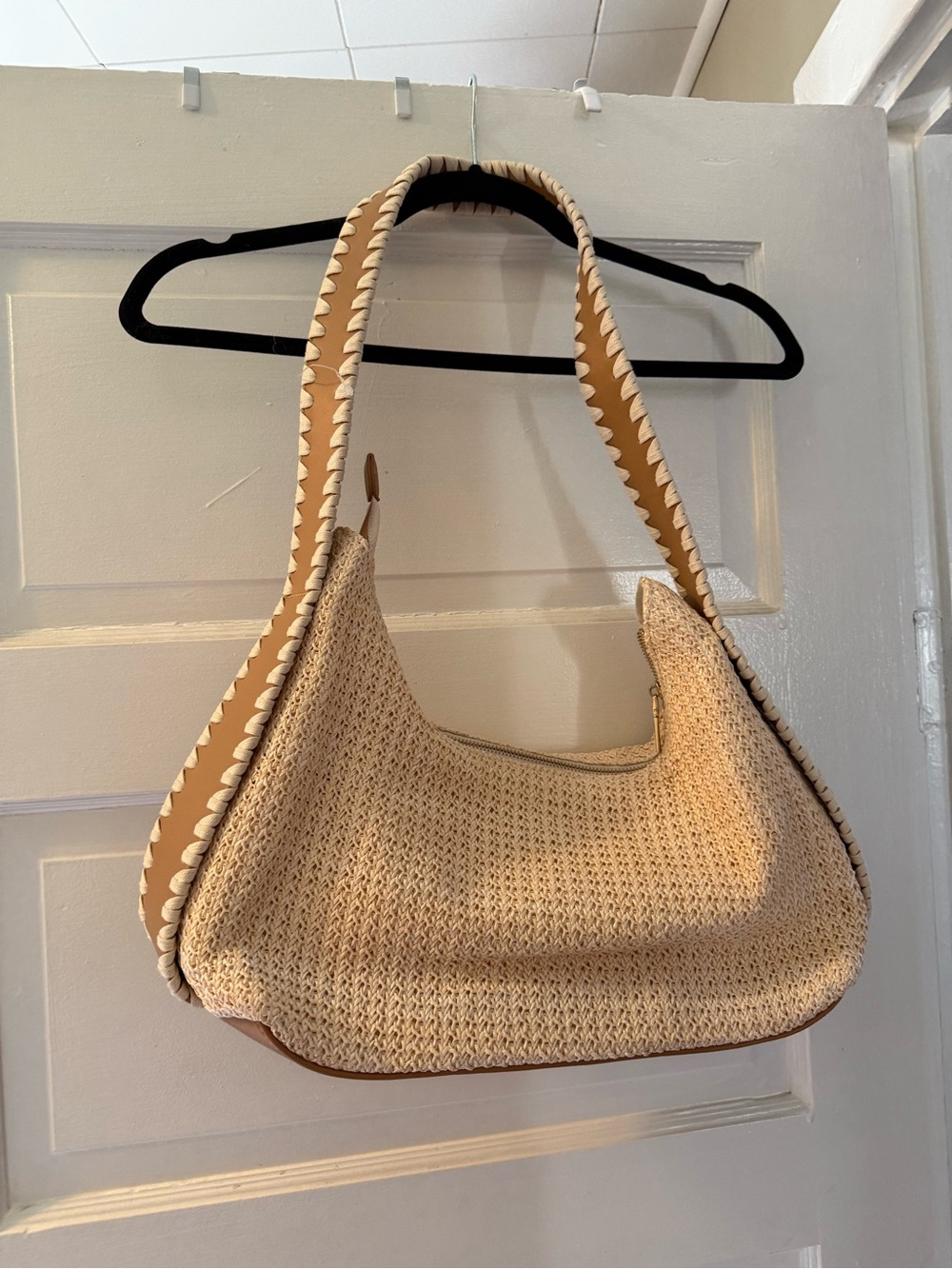 Woven Straw Hobo Shoulder Bag in Cream and Tan